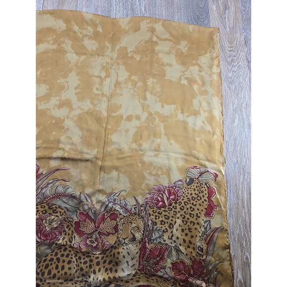 Salvatore Ferragamo Silk Scar Leopard Floral Brown Rectangle Scarf Rolled Hem - Picture 7 of 13